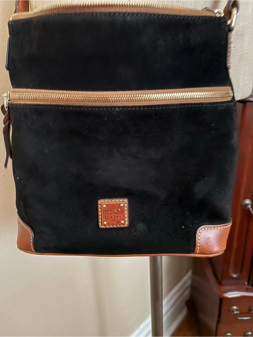 Dooney & Bourke Black Suede Messenger with Brown Leather Trim
